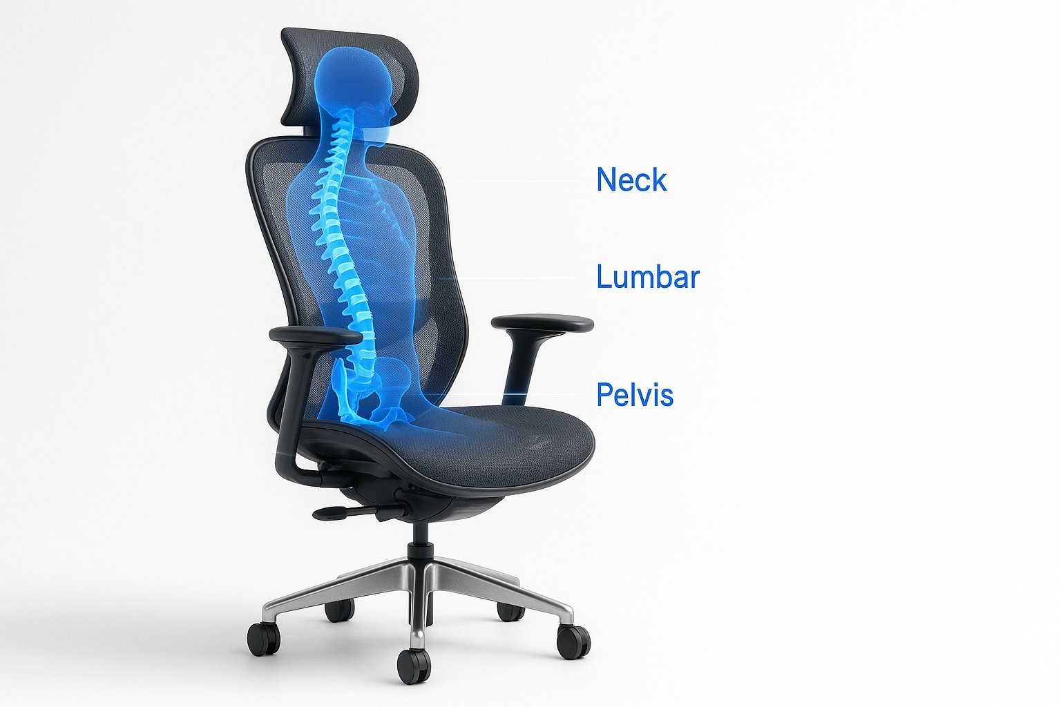 Three different seating options for lower back problems displayed in a bright studio.