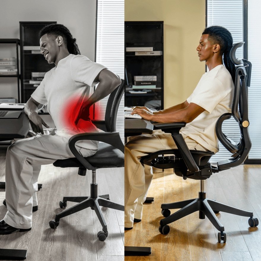 An ergonomic office chair for hip problems sits in a bright modern home office.