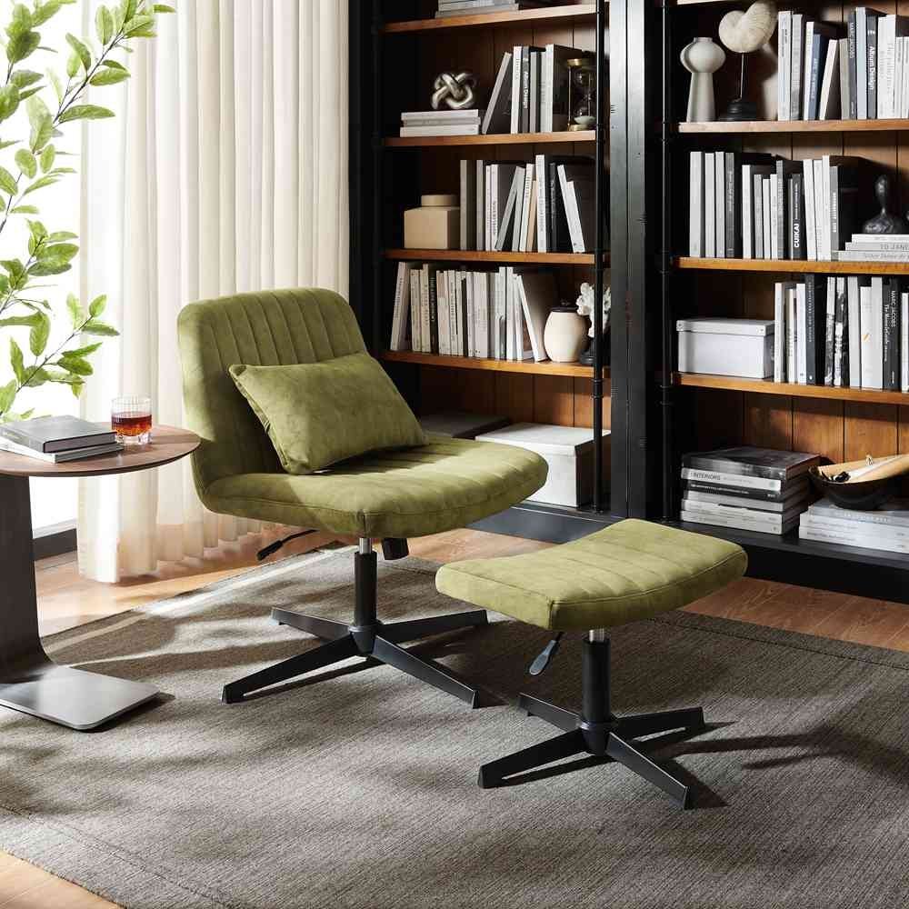 Measuring the clearance between an accent chair and a desk to ensure proper height.