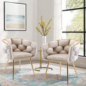 A stylish dining chair used as an accent chair in a modern living room.