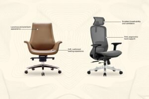 A comfortable ergonomic office chair with lumbar support in a bright home office.
