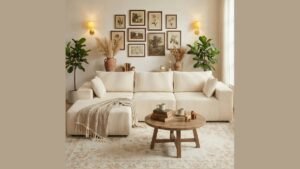 A comfortable modern sofa in a bright living room representing the best couch for price.