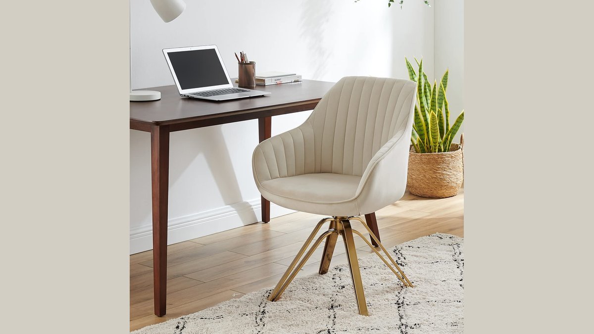 A modern desk chair no wheels canada setup in a bright home office.