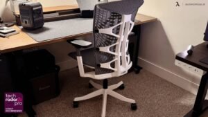 An ergonomic desk chair designed for carpet floors sits in a bright office.