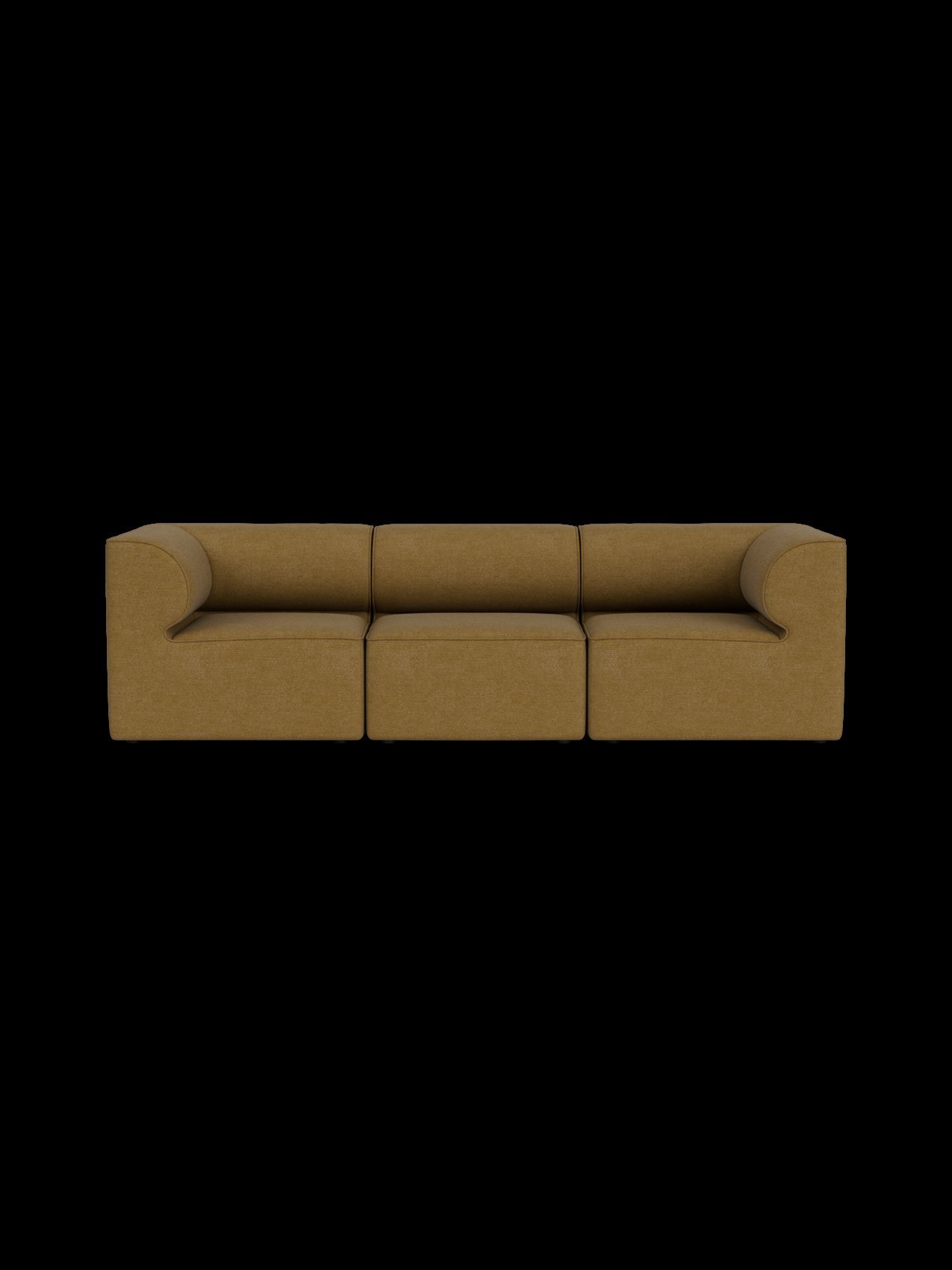 A cozy three-person couch in a living room setting for frequently asked questions.