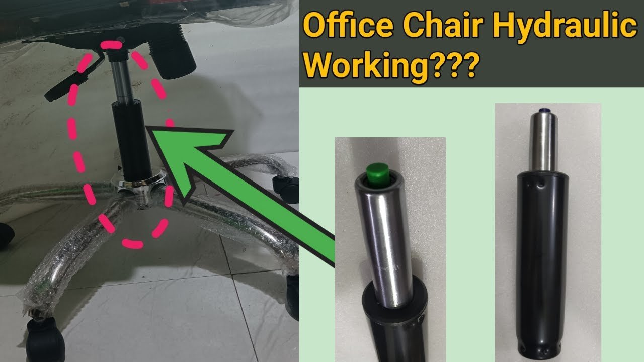 Close up of a damaged gas cylinder mechanism on a worn office desk chair.