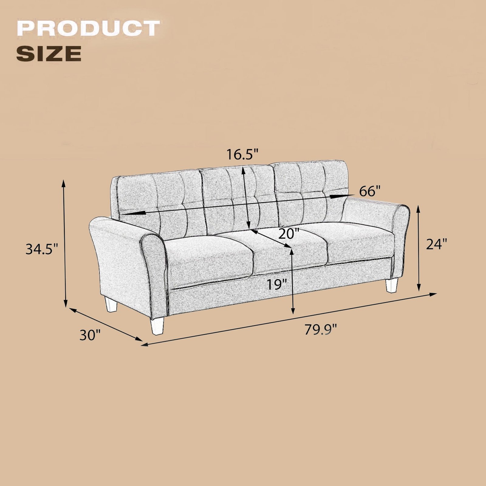 Measuring the width of a three-seater sofa frame with a steel tape measure.