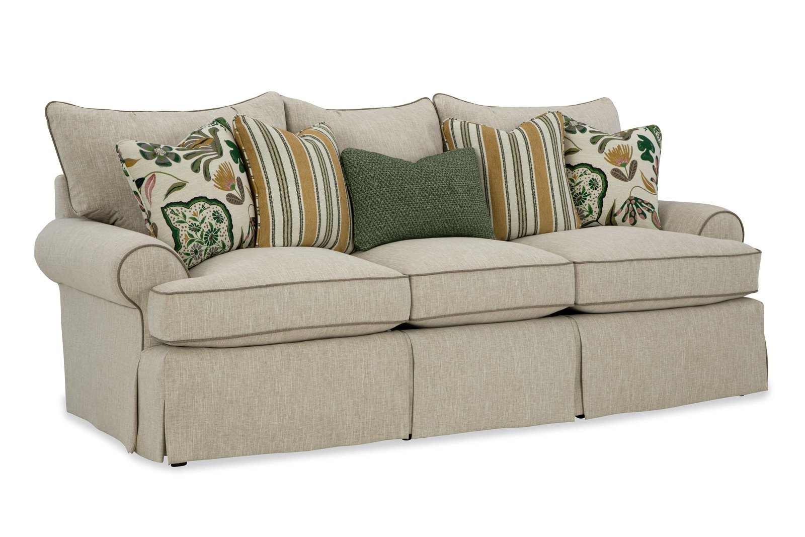 An English Roll Arm sofa showing how recessed arms optimize the overall length.