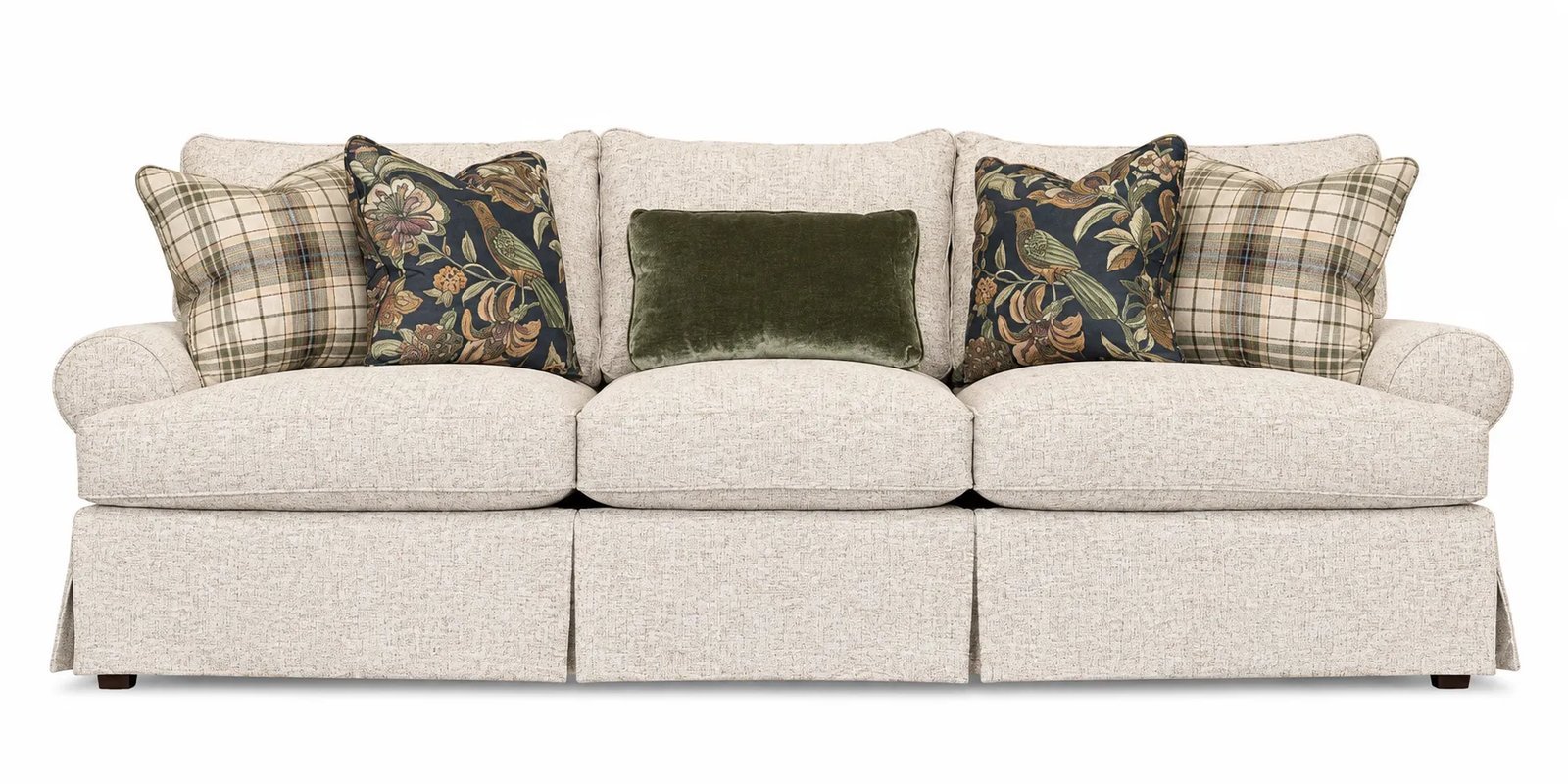 Various sofa arm styles displayed to show how they affect total furniture dimensions.