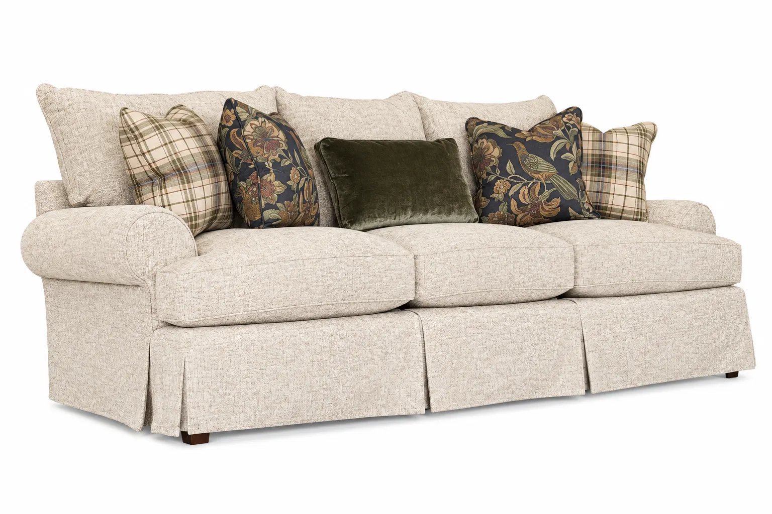 A modern three-cushion couch centerpiece in a bright and spacious contemporary living room.