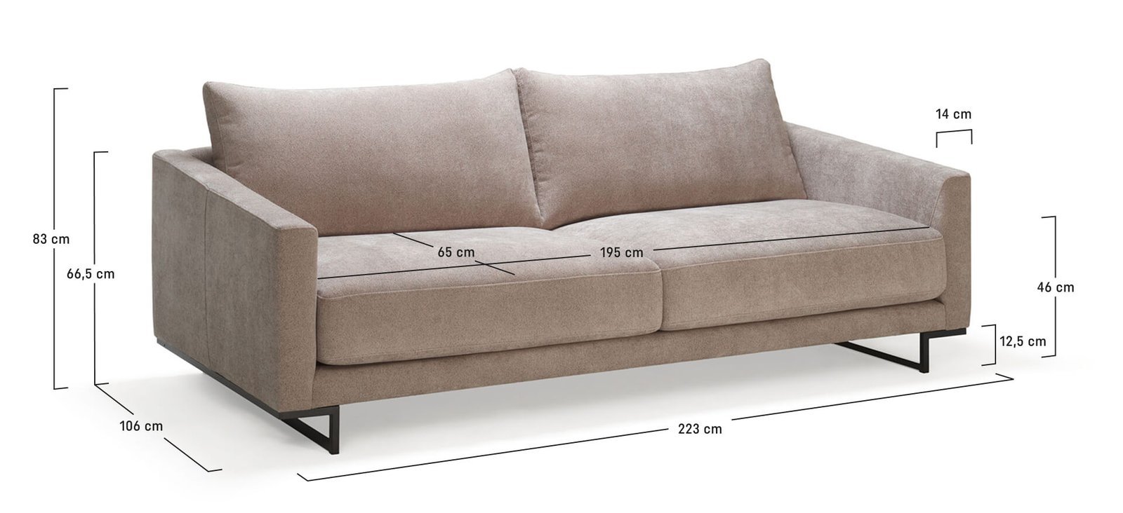 A person measuring the total length of a three seater sofa with tape.