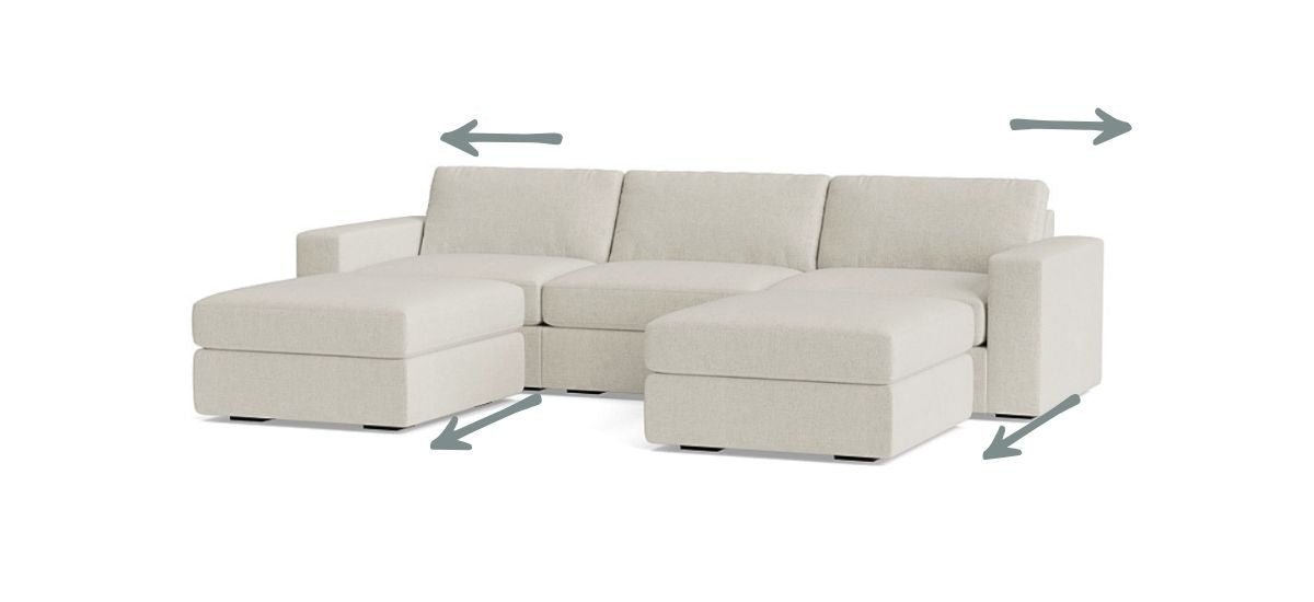 Comparing the armrest styles of two different sofas to determine their total length.