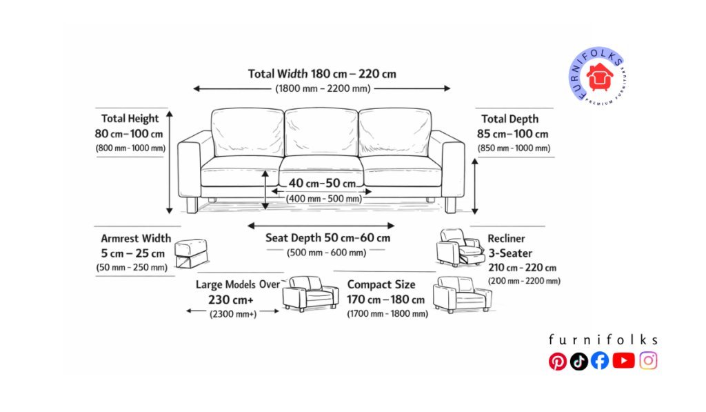 Comparing the footprints of track arm and rolled arm three-seater sofas.