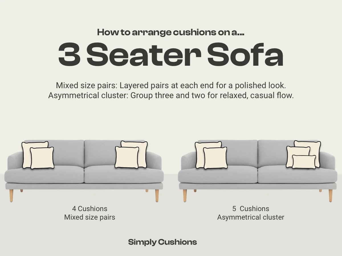 Layered cushions arranged on a three-seater sofa to add texture and depth.