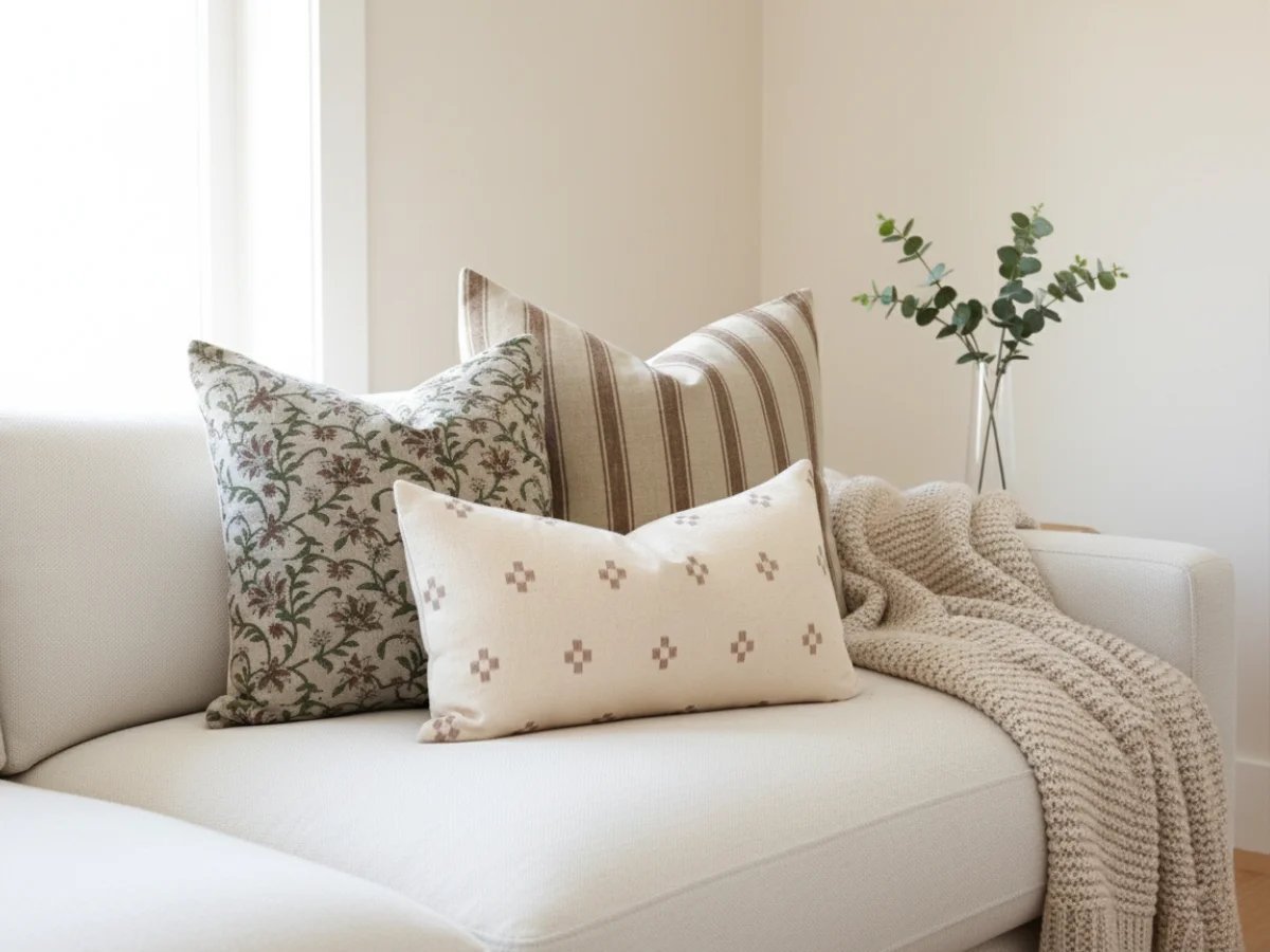 Common styling errors visible on a three-seater sofa with mismatched cushion sizes.