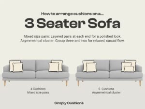 A beautifully styled three-seater sofa with a balanced arrangement of decorative cushions.