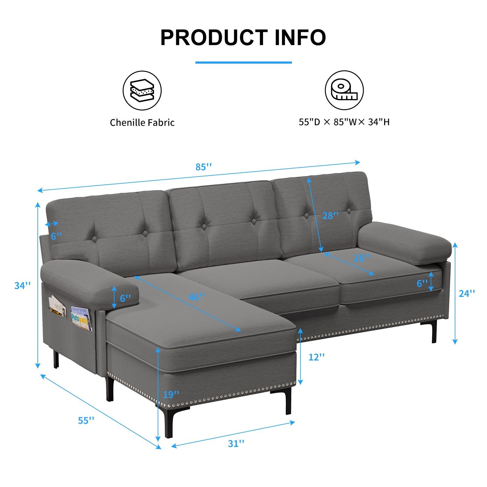 The side view of a sofa with rolled arms showing its total length.