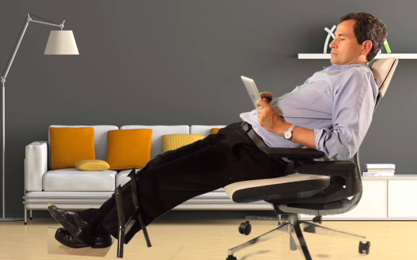 A collaborative office area featuring multiple heavy-duty chairs at a shared desk.