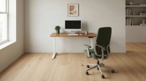 A modern ergonomic computer chair sits ready in a clean, bright home office.