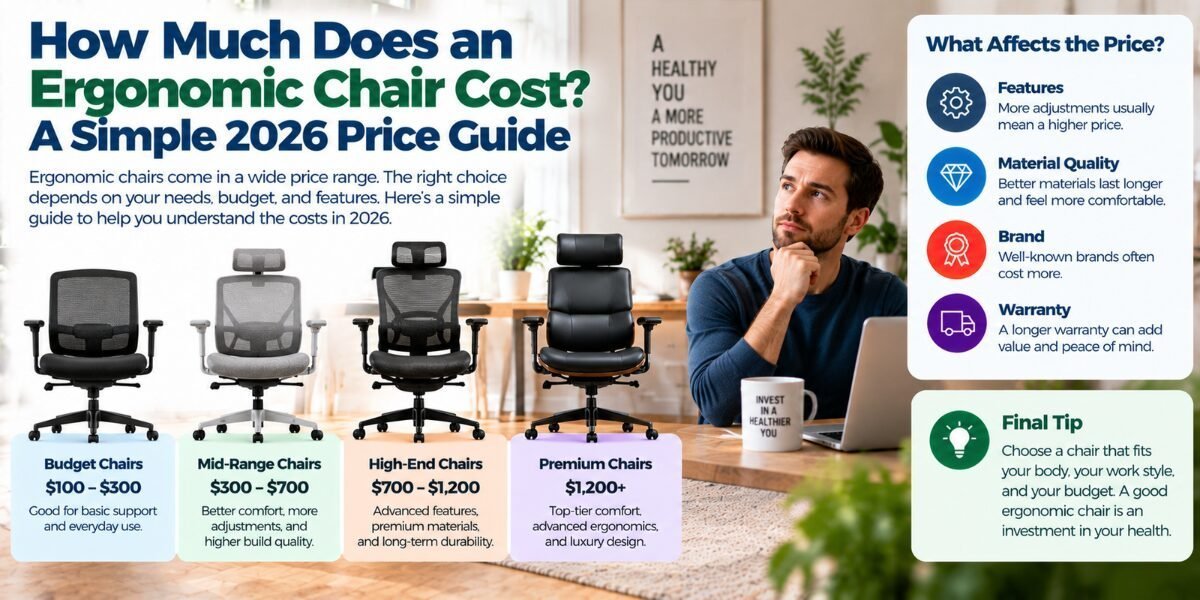 A modern ergonomic chair sits in a bright office to help determine cost.