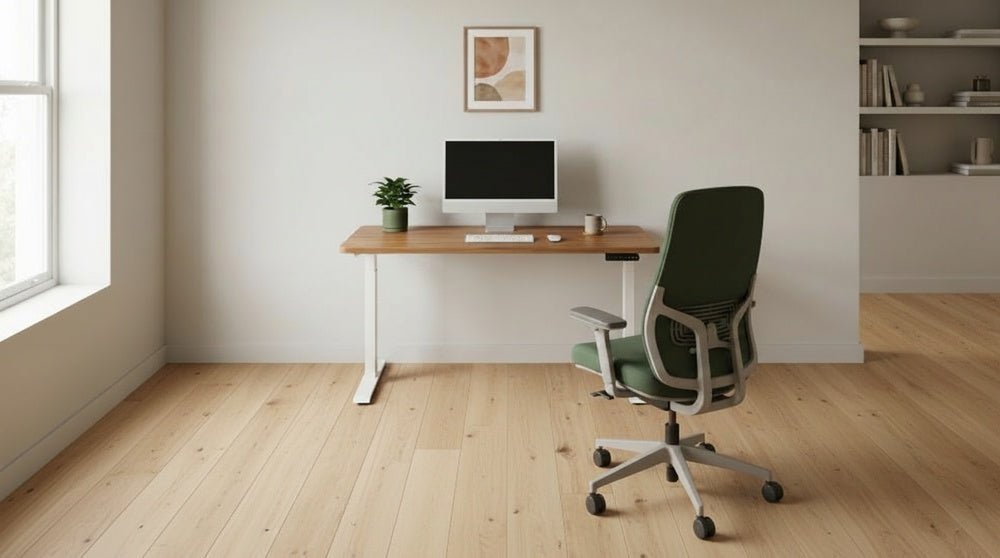 Detail view of a premium ergonomic computer chair in a home office.