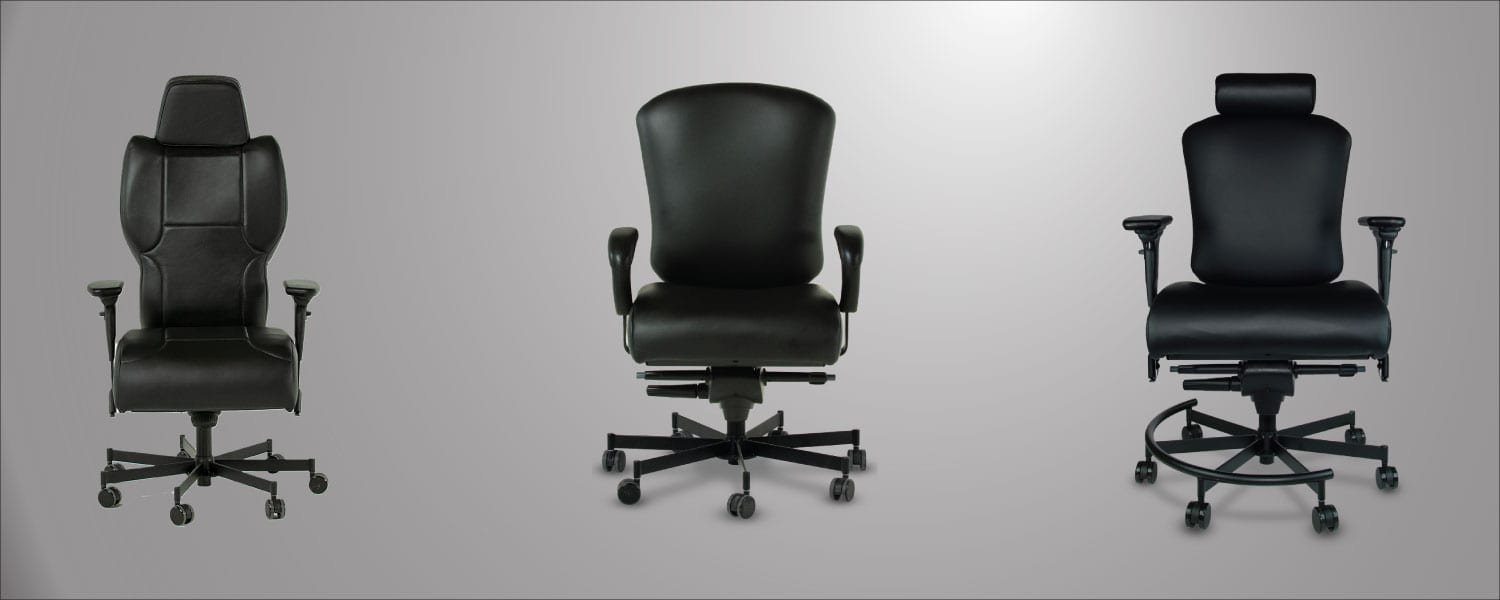 Three different computer chairs displayed in a bright modern office space.