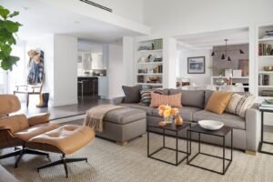 A modern living room showing how much is a living room couch.