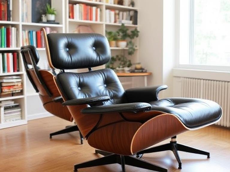 A close-up view of a high-quality leather lounge chair showing premium craftsmanship and texture.