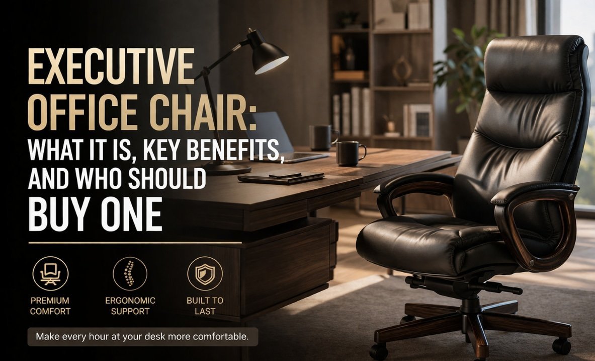 A well-organized home office workspace with a comfortable desk chair.