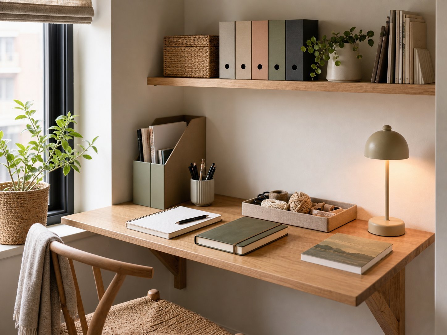 An L-shaped desk positioned in a corner to optimize a small home office.