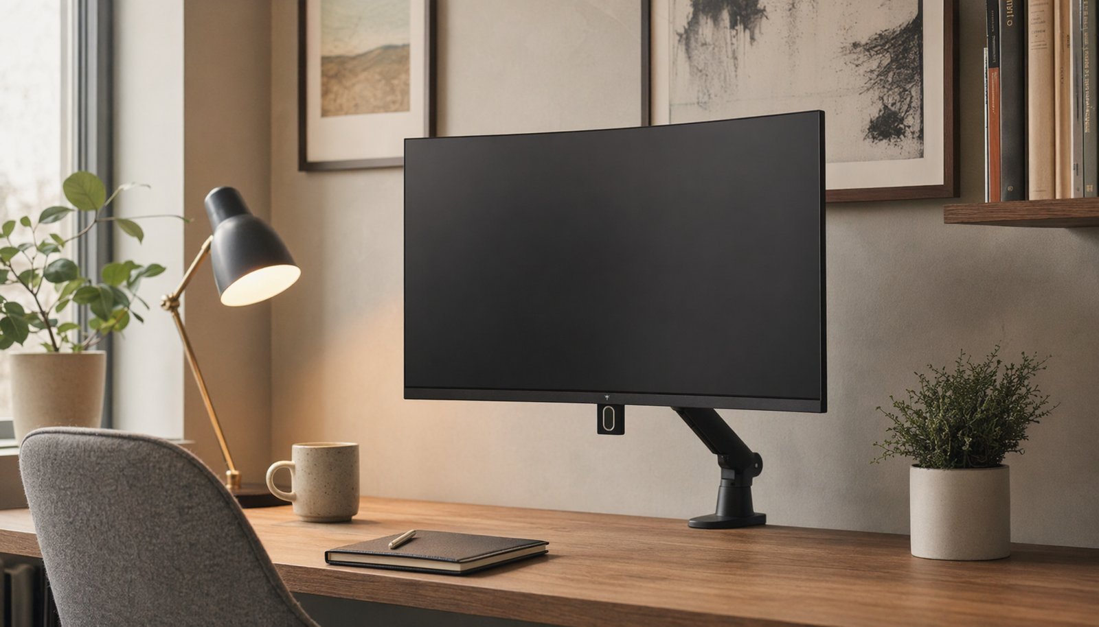 A stylish wooden desk perfectly integrated into a modern home interior design.