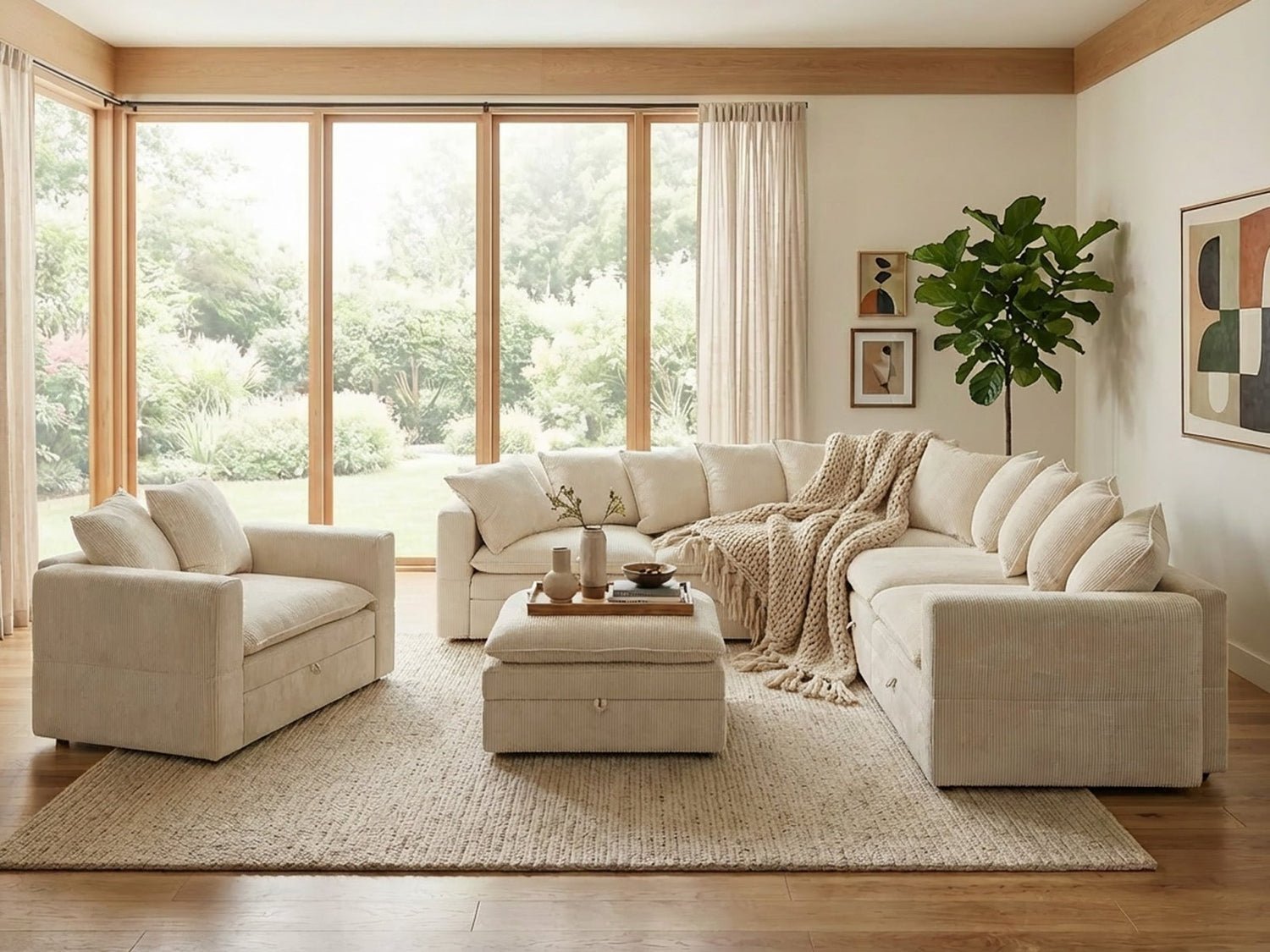A modern sectional sofa displayed in a bright living room for a listing.