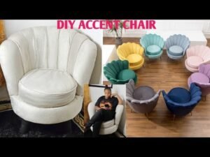 A modern handmade accent chair sits in a bright room as part of a DIY project.