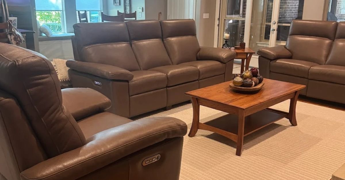 Cohesive living room furniture set featuring matching warm undertones and harmonious colors.
