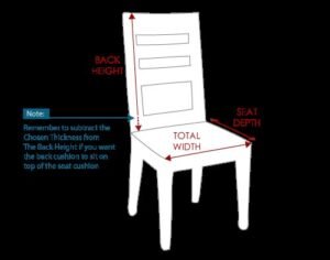A person uses a tape measure to determine the seat depth of a modern chair.