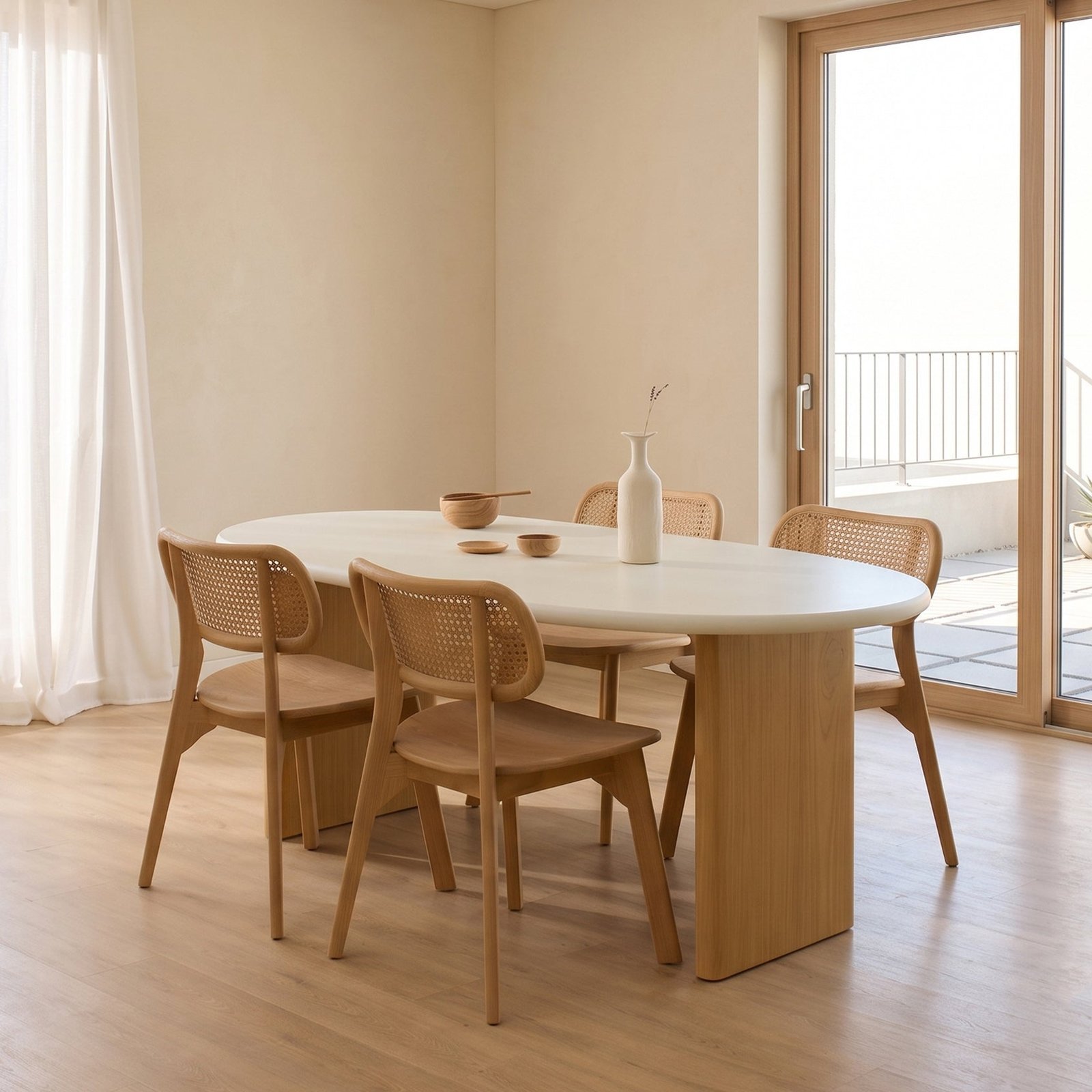 A set of dining room chairs prepared for moving in a bright house.
