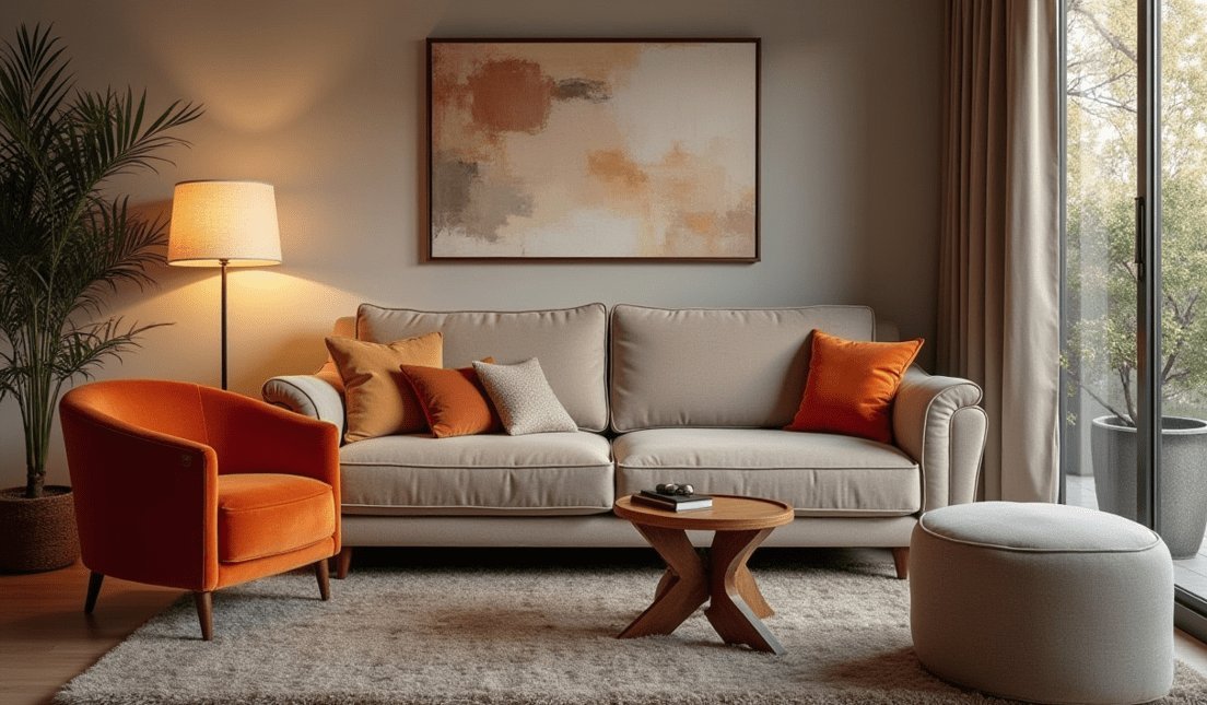 Textured bouclé chair placed next to a gray linen sofa for interior contrast.