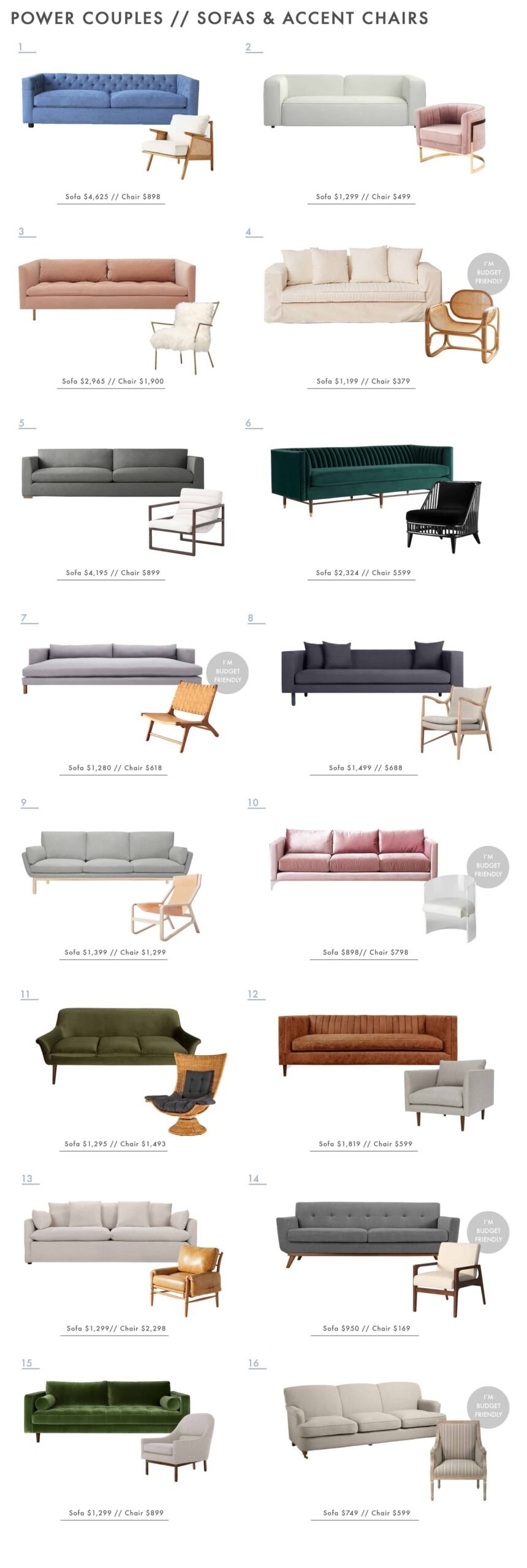 A sofa with block feet paired with an accent chair with tapered legs.
