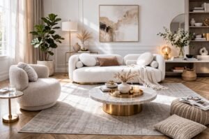 A beautifully balanced living room featuring a sofa paired with accent chairs.