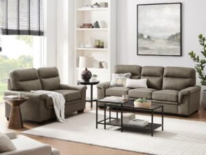 A perfectly balanced living room setup showcasing how to pair sofa and chairs.