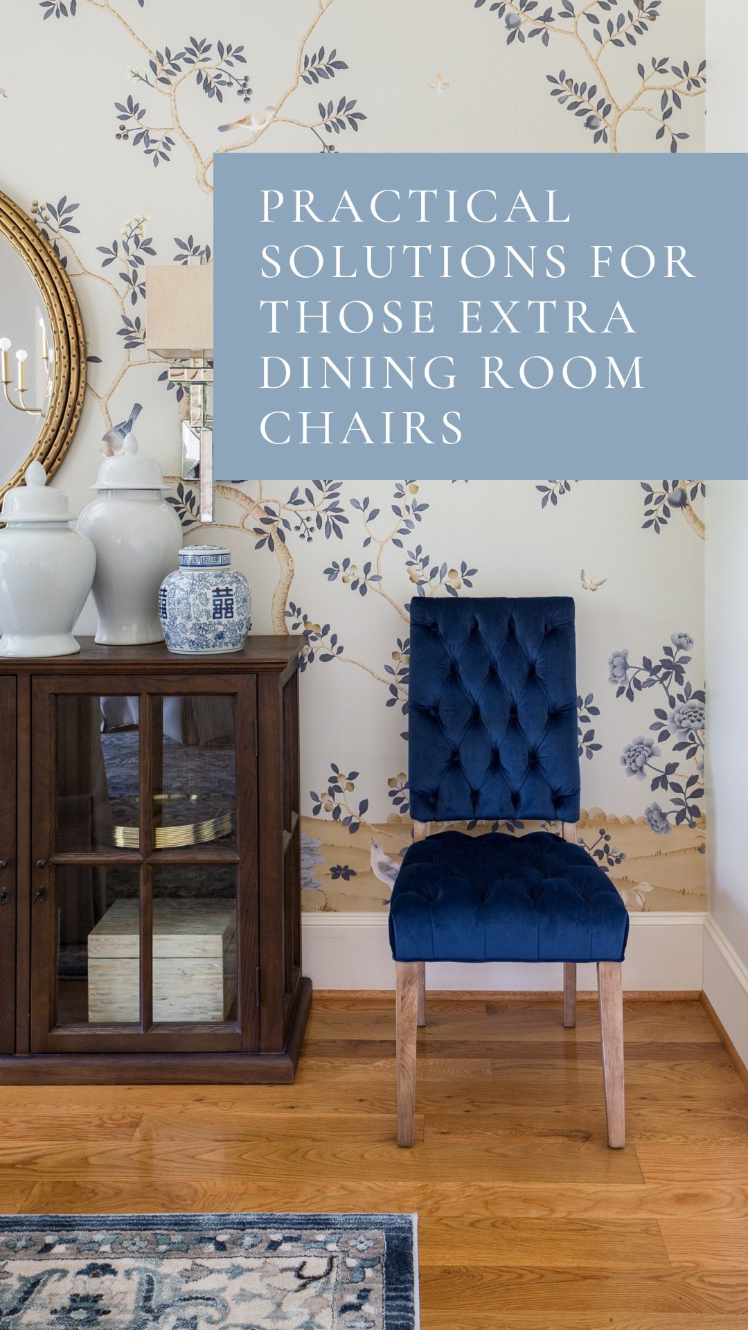 A dining room chair styled under a console table in a bright home interior.