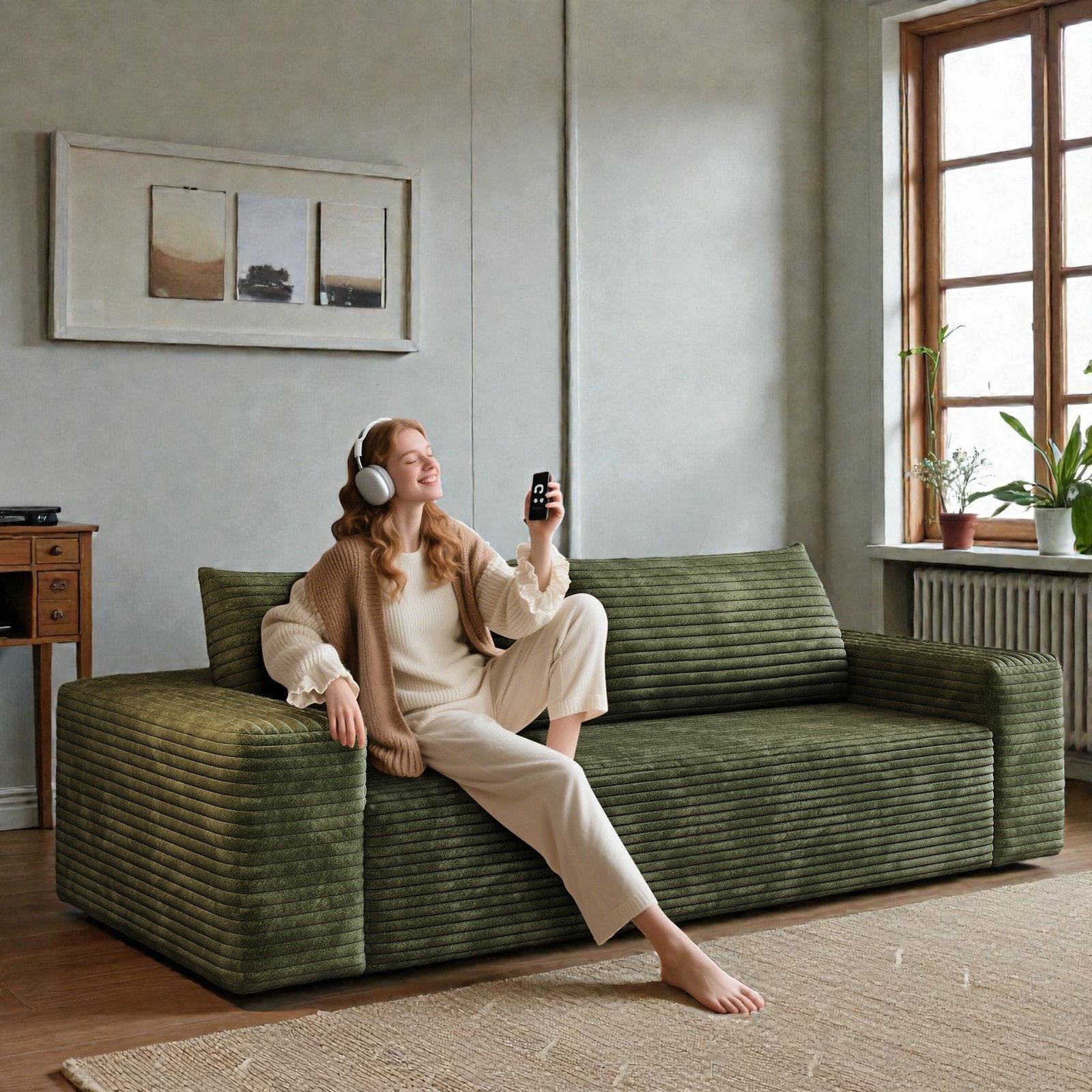 Measuring a floor space with painter's tape to visualize a three-person couch.