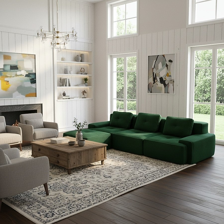 Hands fluffing the cushions of a three-seater couch to maintain its shape.