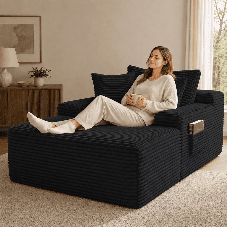 A cozy lounge chair setup in a quiet corner of a bright room.