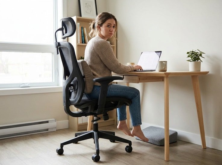 Detailed view of the lumbar support and adjustment levers on an ergonomic chair.