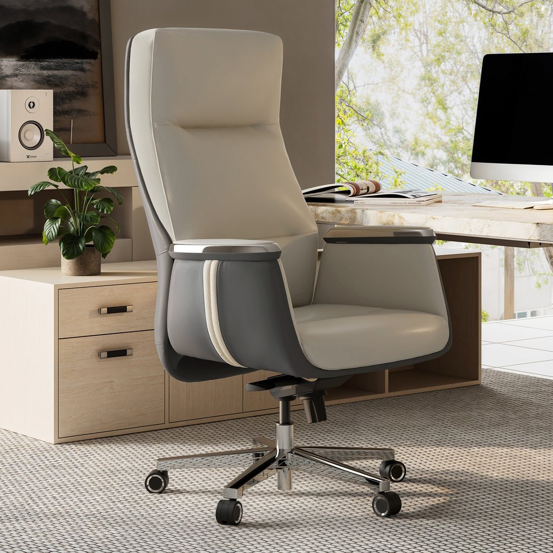 A person sitting in a leather chair with perfect posture for better health.