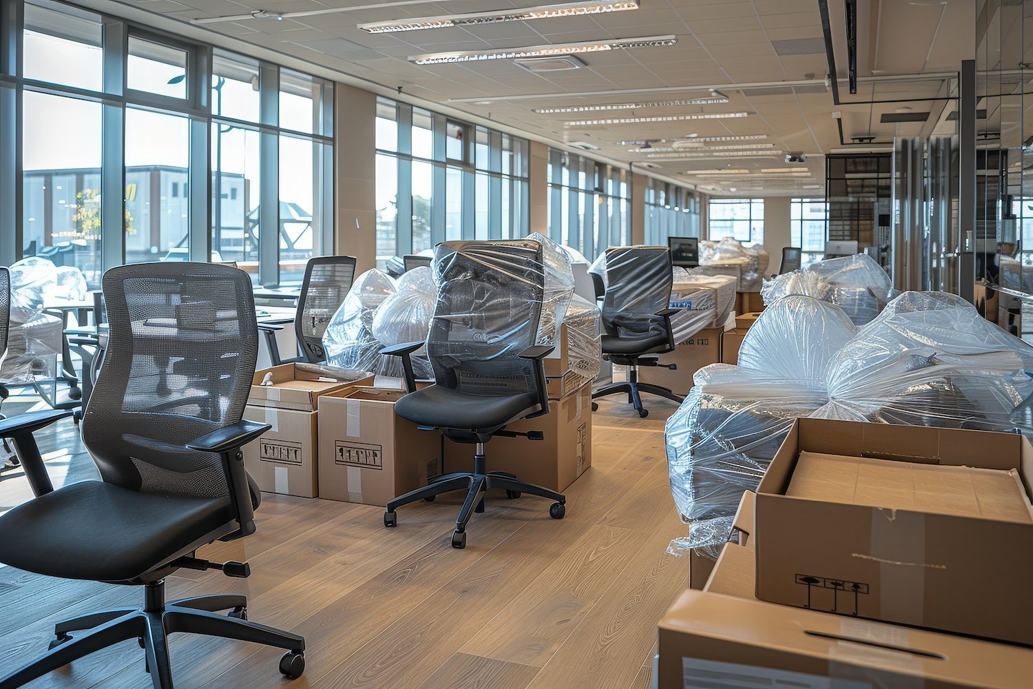 A well-organized office desk setup with an ergonomic chair in a bright room.