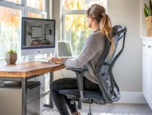 A modern ergonomic chair sits in a bright and organized home office workspace.