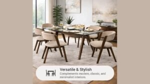 A modern wooden dining table set for six in a sunlit room.