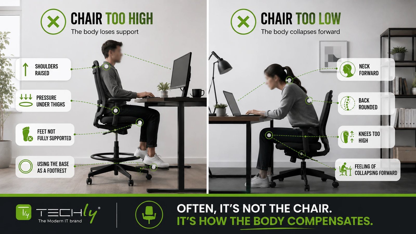 A person experiencing discomfort due to a desk and chair height mismatch.